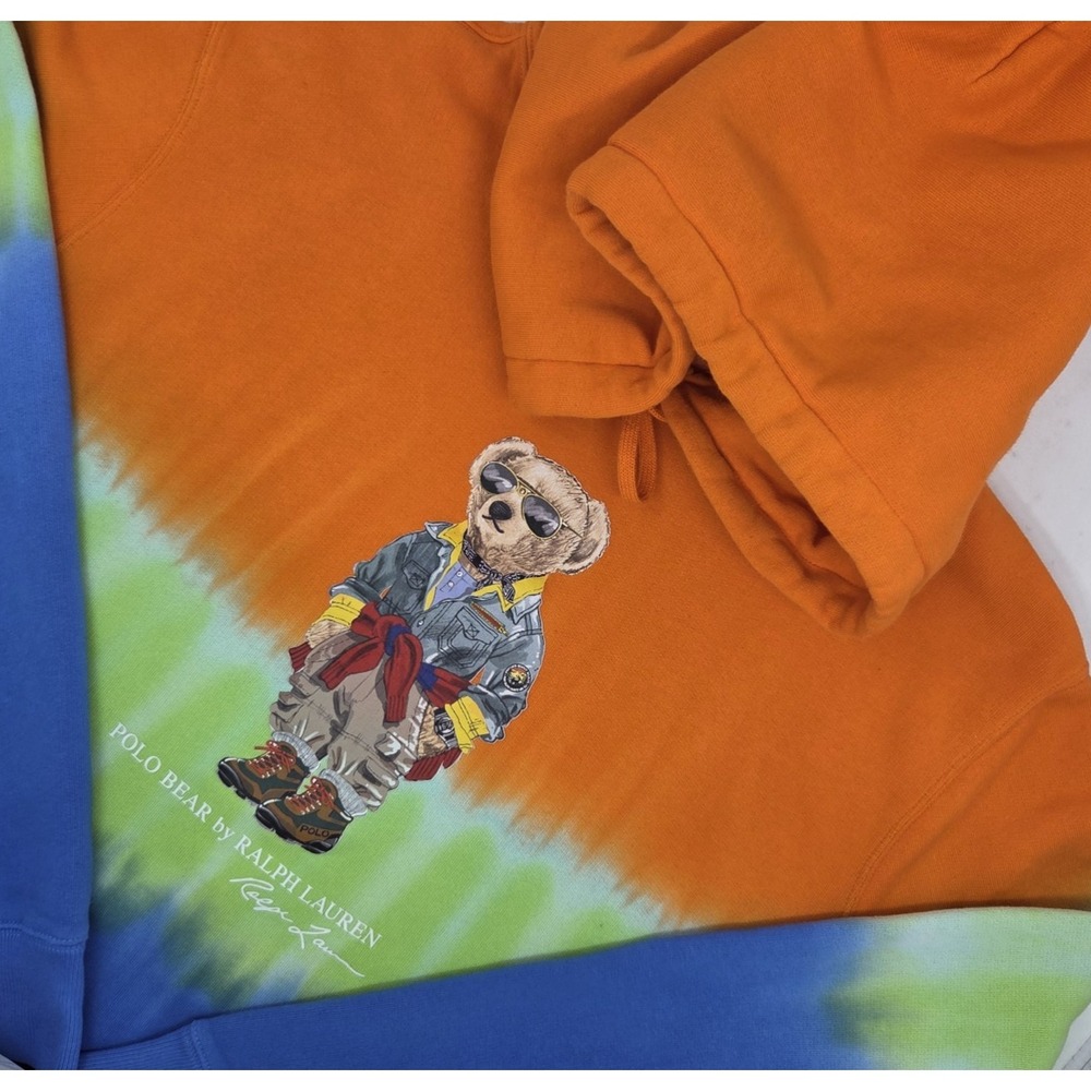 Polo Ralph Lauren Polo Bear Tie-Dye Fleece Hoodie Men's XXL Orange Blue EUC
